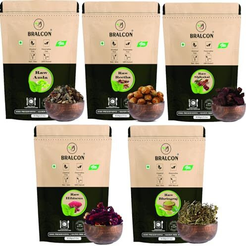 Bralcon Organic Raw Reetha, Amla, Shikakai, Bhringraj, Hibiscus Combo- 500G(100G X 5 Pack)|100% Natural Whole Dried Shikakai, Reetha Nuts, Amla | Hair Growth | Hair & Skin Care | Pure Raw Form