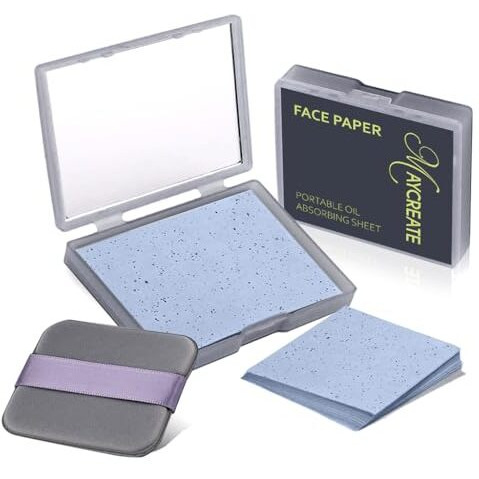 Maycreate 100Pcs Face Blotting Paper For Oily Skin, Natural Linen Bloating Papers For Oily Face, Oil Absorbing Sheets For Face, With Built-In Mirror & Powder Puff Pad For Men And Women