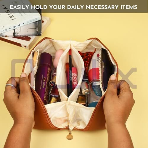 Niwlix Travel Cosmetic Makeup Pouches For Women Travel Organizer Bag Portable Pouch Open Flat Toiletry Bag Make Up Organizer With Divider And Handle (Brown)