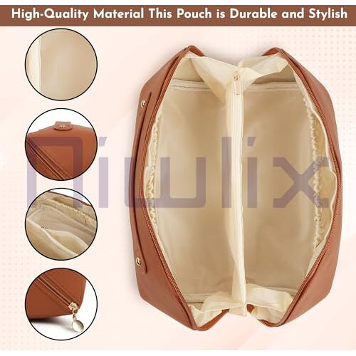 Niwlix Travel Cosmetic Makeup Pouches For Women Travel Organizer Bag Portable Pouch Open Flat Toiletry Bag Make Up Organizer With Divider And Handle (Brown)