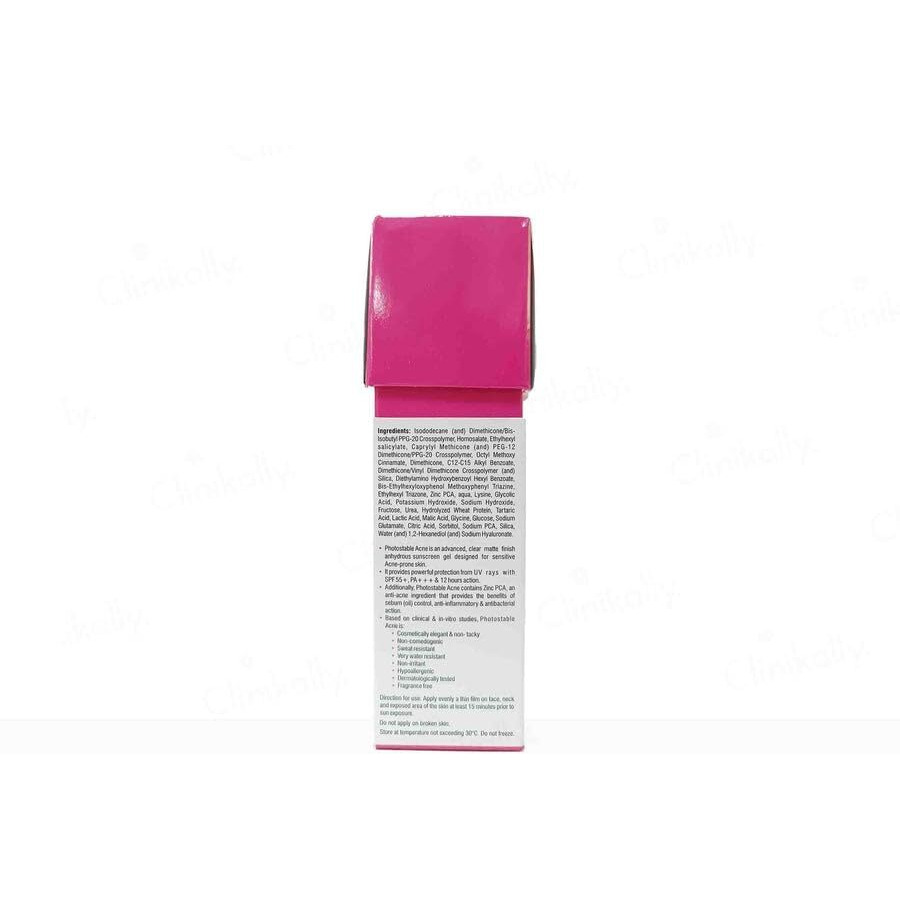 Photostable Acne Face Sunscreen Gel|Spf 55+ , P+++ Sunscreen For Acne Prone Skin Type, Fragrance Free|12Hrs Protection Uva+Uvb|Lightweight & Oil Free|Water Resistant Dermat Recommended|Dermatologist Tested|50G