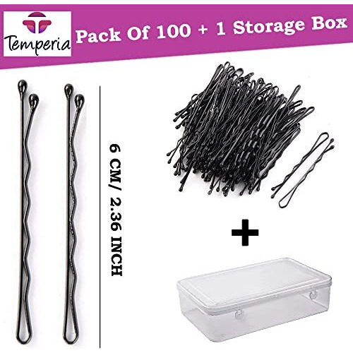 Temperia Bobby Hair Pins For Women & Girls (Pack Of 100) (With Storage Box) (6Cm Long) | Stylish Bob Hairpins For Hairstyling | Hair Styling Accessories Clips (Black)