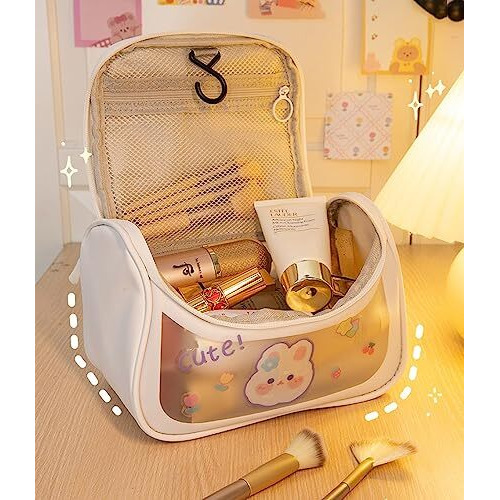 Wolpin Travel Cosmetic Bag Toiletry Vanity Large Makeup Kit Storage Organizer Grooming Make Up Bag, With Bear Cute Sticker White 18 Cms