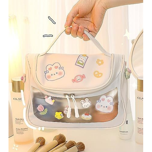 Wolpin Travel Cosmetic Bag Toiletry Vanity Large Makeup Kit Storage Organizer Grooming Make Up Bag, With Bear Cute Sticker White 18 Cms