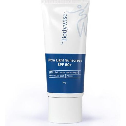 Be Bodywise Ultra Light Sunscreen Spf 50 Pa+++ For Oily, Dry, Acne-Prone Skin | Broad Spectrum Protection & Blue Light Protection | No White Cast | Non-Greasy | Korean Anti-Acne Technology | Water & Sweat Resistant | Ultra Lightweight Texture | For Men & Women | 50G