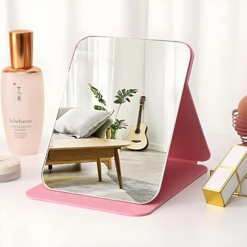 Onicorn Foldable Makeup Mirror With Stand, Compact Portable Folding Free Standing Travel Vanity Mirror, Frameless Pu Leather (Round Edge Pink 1 Pcs)