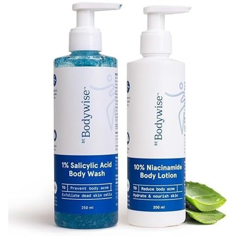 Be Bodywise Body Acne Reduction Kit With 1% Salicylic Acid Body Wash & 10% Niacinamide Hydrating Face & Body Lotion | Prevents Body Acne, Exfoliates & Promotes Glowing Skin | 450 Ml