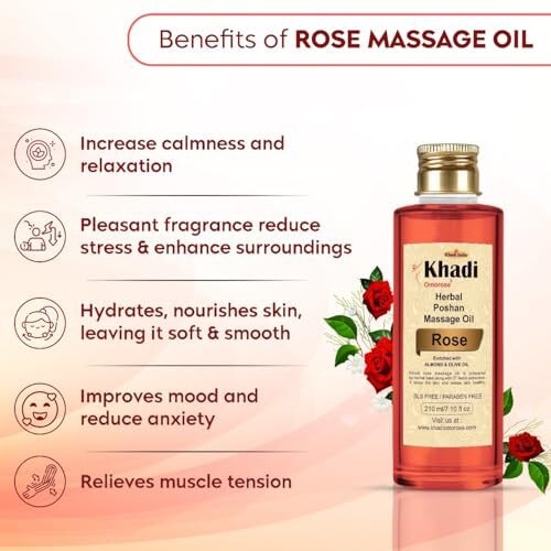 Khadi Omorose Rose Massage Oil (Enriched With Almond Oil,Olive Oil, Jojoba Oil, Sesame Oil And Vitamin E)-210Ml