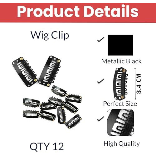 Temperia Hair Extension Clips For Women & Men (12 Pcs) - Hair Patch Clip - Hair Attached Snap Wig Clips (Black) (3.4 Cm)
