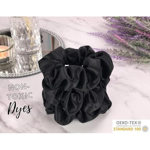 Wazdorf 6 Packs Satin Hair Scrunchies For Women And Girls, Bulk Soft Scrunchy Hair Bands For Hair Accessories, Elastic Hair Bobbles Ponytail Holder For GirlS Birthday Gift (Black - Pack Of 6)