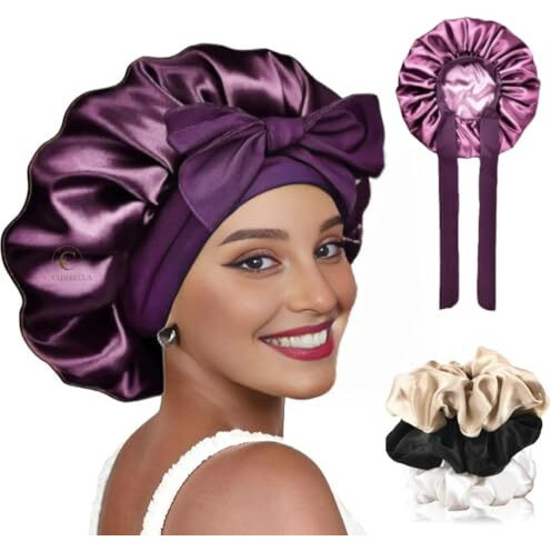 Candibella Silk Bonnet For Hair With 3 Scrunchies, Adjustable Silk Hair Cap For Sleeping, Satin Bonnet For Curly Hair With Wide Elastic Tie Band (In, Alpha, Free Size, Mulberry, Silk Bonnets)