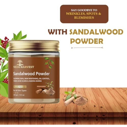 Veda Harvest Sandalwood Powder 300Gm For Glowing Skin,De Tan, Oil Control, Fades Acne Scars & Ageing Marks | Chandan Powder | Sandalwood Powder For Face Pack |