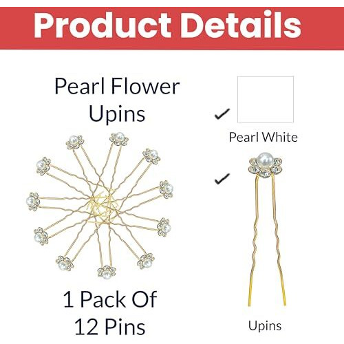 Temperia (12Pcs) Diamond Pearl U Pins Hair Accessories For Women & Girls - Decoration Pearls Beads Hair Clip For Bride Hairstyle - For Wedding/Parties (Mn01)