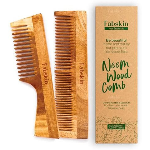 Fabskin Neem Wooden Comb For Men & Women | Set Of 2 | Detangling, Frizz Control, Hair Growth, Shine & Styling | Graduated & Handle Comb | For All Hair Types