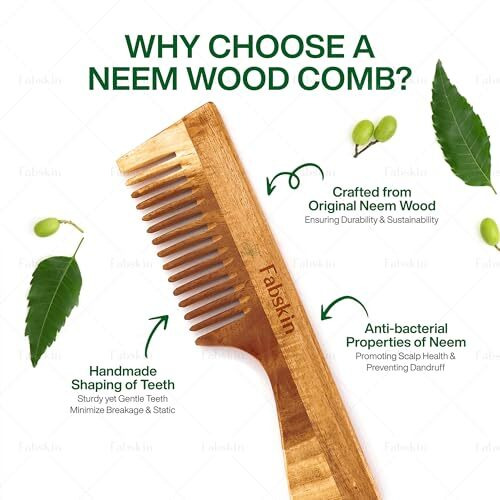 Fabskin Neem Wooden Comb For Men & Women | Set Of 2 | Detangling, Frizz Control, Hair Growth, Shine & Styling | Graduated & Handle Comb | For All Hair Types
