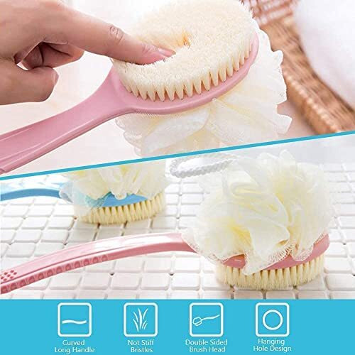 Beloxy 2 In 1 Body Brush - Back Body Loofah Brush Long Handled With Bristles Back Scrubber For Improve Skin Exfoliating Bath, Massage, Wet Or Dry Brushing Back Scrubber For Shower (Multi)