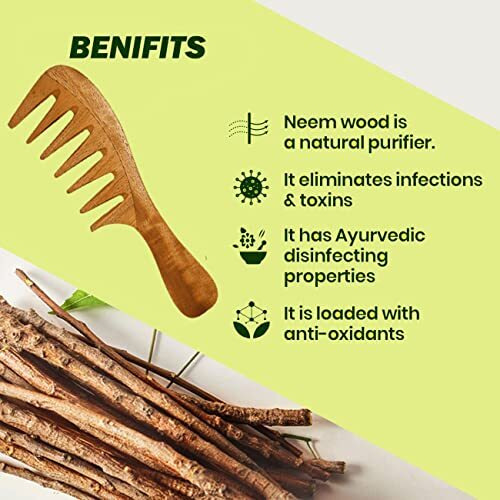 Rufiys Pure Neem Wooden Wide Tooth Comb | Neem Wood Hair Comb For Women & Men | Hair Growth | Anti Dandruff | Detangling Comb Pack Of 1
