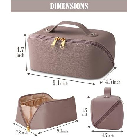 Batfield Cosmetic Bag For Women,Litchi Pu Leather Makeup Pouch For Women,Large Capacity Cosmetic Travel Bag,Portable Makeup Kit Storage Bag With Handle And Divider,Makeup Organizer Bag (Pink),12 Cm