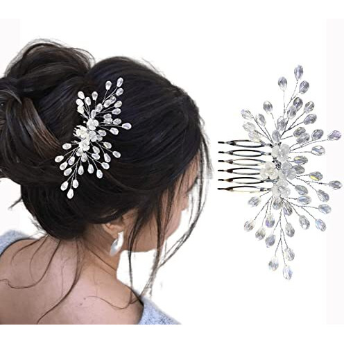 Temperia Hair Accessories For Women's & Girls - Stylish Artificial Flowers & Crystal Pearls Bun Juda Bridal Brooch For Hairstyle & Decoration - Pins & Clips For Style Of Bride (Dn108) (White & Silver)