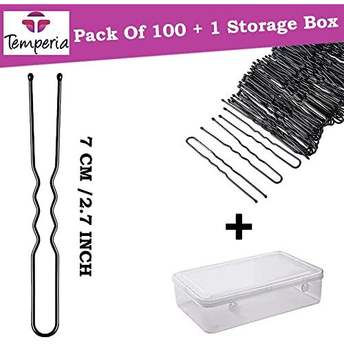 Temperia U Hair Pins For Women & Girls | Juda Pins (Pack Of 100) (With Storage Box) (7Cm Long) | Stylish U-Shaped Hairpins For Hairstyling | Hair Styling Accessories Clips (Black)