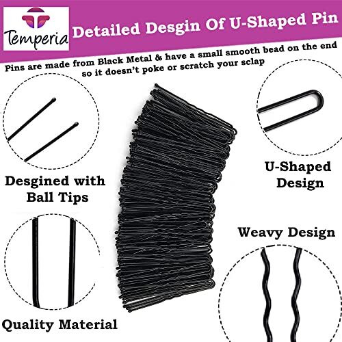 Temperia U Hair Pins For Women & Girls | Juda Pins (Pack Of 100) (With Storage Box) (7Cm Long) | Stylish U-Shaped Hairpins For Hairstyling | Hair Styling Accessories Clips (Black)