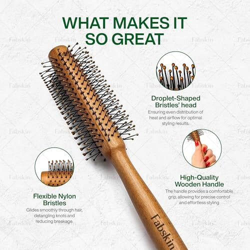Fabskin Wooden Round Hair Brush | Men And Women | For Adding Curls, Volume, Waves, Quick Blowout, Straightening, Curling, Drying, Volumizing Hairs & Scalp Massage | Hair Roller Brush For Hair Styling