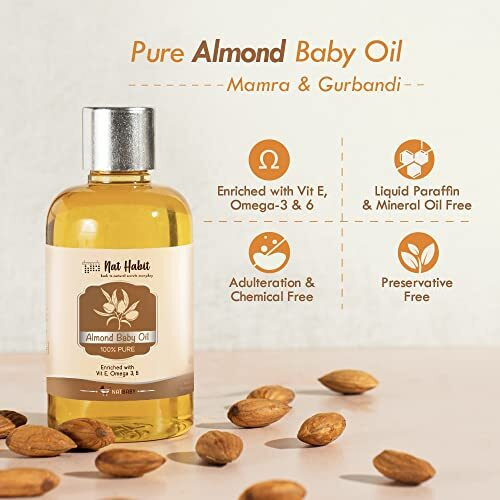 Nat Habit 100% Pure Almond Baby Massage Oil For Baby Skin & Hair, Enriched With Vit E & Omega-3, 6 Non-Refined, Llp Free, Chemical & Preservative Free - 100 Ml