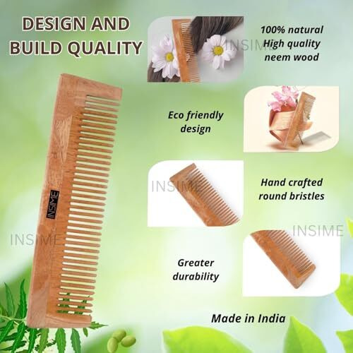 Insime Neem Wooden Comb For Women Hair Growth | Kacchi Herb Treated Neem Wood Comb For Men Women | Wide Tooth Hair Comb For Men & Women (Pack Of 2)