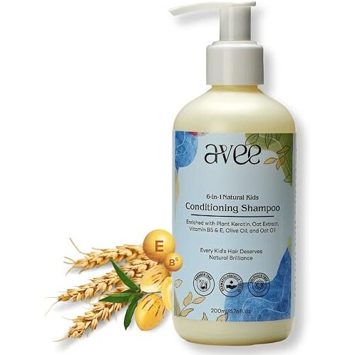 Avee Kids Shampoo For 5 To 12 Years - Conditioning Shampoo For Kids, Frizz Free Hair, Easy Detangling, Reduces Itchy Scalp & Hair Fall, Oat Extract, Paraben & Sulfate-Free (Pack Of 1)