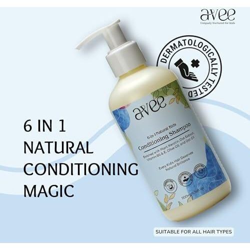 Avee Kids Shampoo For 5 To 12 Years - Conditioning Shampoo For Kids, Frizz Free Hair, Easy Detangling, Reduces Itchy Scalp & Hair Fall, Oat Extract, Paraben & Sulfate-Free (Pack Of 1)