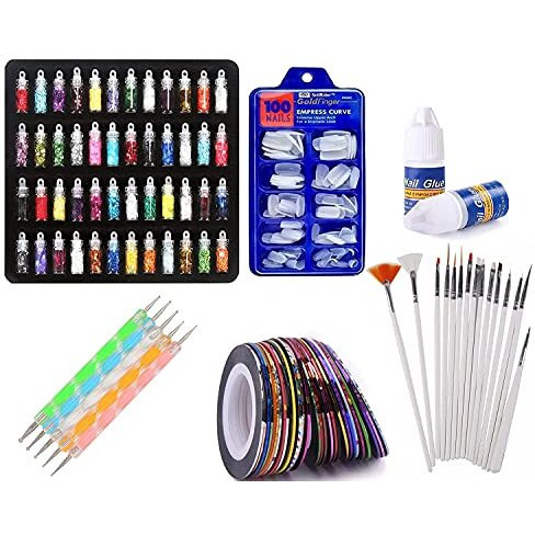 Urbanmac Nail Art Kit - 48 Pcs Glass Bottles Glitter Stones, 100 Nails,10 Nail Tapes, 15 Nail Art Brush, 5 Nail Dotting Pen With 2 Glue (Nail Art Kit)