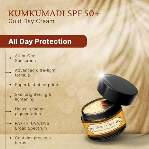 Herbs & Greens Kumkumadi Spf 50 Uva/Uvb. Pa++++ Gold Face Cream With 24K Gold | Lab Tested Broad Spectrum Protection | Skin Brightening Dark Spots/ Pigmentation, Anti Aging Hydrating Moisturizer For Woman & Men | Oily, Dry, Acne Prone Skin, Dermatologically Tested | 50 Gm