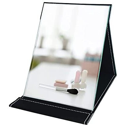 Agabani Folding Round Compact Mirror - Pu Leather Vanity With Stand For Desk, Camping, Travel - Personal Tabletop Handmirror - Princess Square Makeup Mirror, Small And Framed