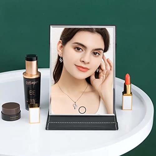Agabani Folding Round Compact Mirror - Pu Leather Vanity With Stand For Desk, Camping, Travel - Personal Tabletop Handmirror - Princess Square Makeup Mirror, Small And Framed