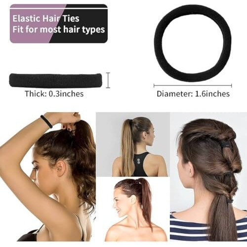 Seeotwo Black Hair Ties Soft Premium Elastic No Damage Seamless Ouchless Soft Stretchable Non-Slip Cotton Rubber Bands, Thick Thin Hair, Ponytail Holders, Scrunchy, Men, Women, Boys, Girls (20)