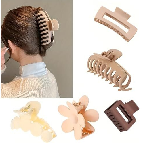 Bakefy-6 Pcs Elegant Frosted Hair Claw Set - Korean Style Floral & Geometric Shapes, Medium Size, Large Capacity Shark Clips,Clutchers For Hair,Claw Clips,Hair Clutcher For Women