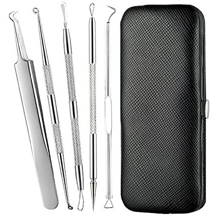 Beaut Secrets Stainless Steel Black Head Remover Tool Kit For Men And Women, 5-Pack Blackhead Removal Tool With Anti-Slid Handle And Case, Silver - Acne And Back Acne Removal