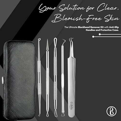 Beaut Secrets Stainless Steel Black Head Remover Tool Kit For Men And Women, 5-Pack Blackhead Removal Tool With Anti-Slid Handle And Case, Silver - Acne And Back Acne Removal