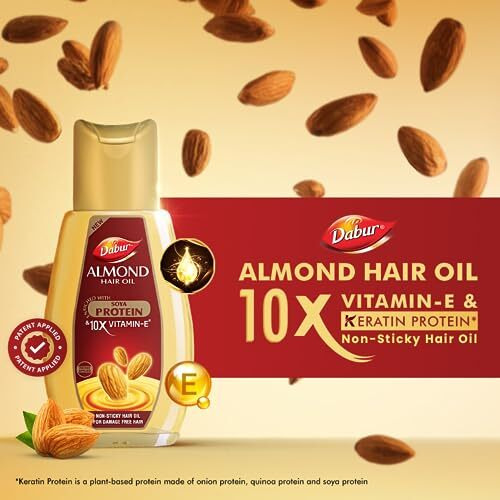 Dabur Almond Hair Oil - 580Ml(290Ml*2) | Provides Damage Protection | Non Sticky Formula | For Soft & Shiny Hair | With Almonds, Keratin Protein, Soya Protein & 10X Vitamin E