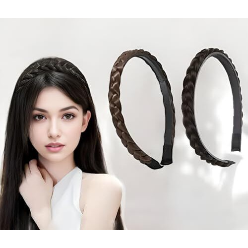 Pactiv 2 Pcs Headband With Synthetic Braided Hair - Plaited With Teeth For Women And Girls - Hair Accessories Band Hoop Hairpieces (Black, Brown)