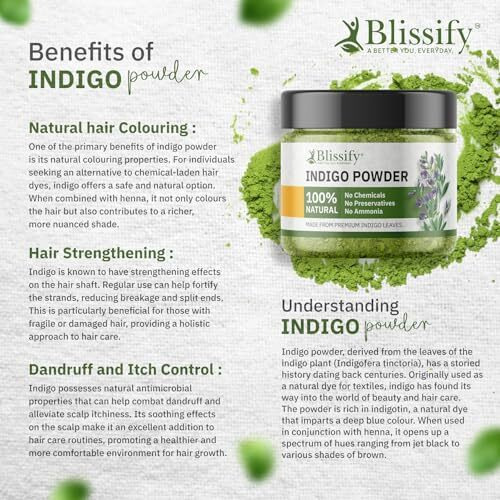 Blissify Indigo Powder 200G - Natural Hair Dye & Herbal Colorant | Organic, Vegan, Chemical-Free | Perfect For Hair Care & Diy Beauty Recipes (200G (Pack Of 1))