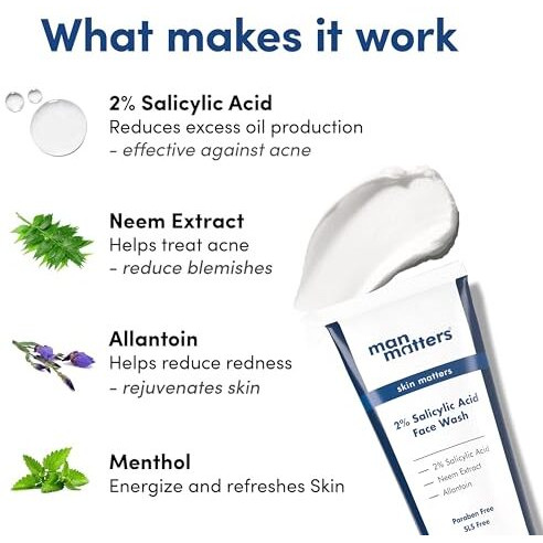 Man Matters Clear 2% Salicylic Acid Face Wash For Men | Helps To Reduce Acne, Dark Spots & Oil Production | Formulated With Salicylic Acid, Neem Extract And Menthol | 100Ml
