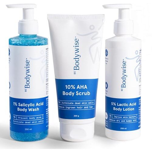 Be Bodywise Strawberry Skin Pack | With 1% Sa Body Wash, 5% Lactic Acid Body Lotion & 10% Aha Scrub | Exfoliates, Reduces Body Acne, Uneven Skin Texture | 650Ml