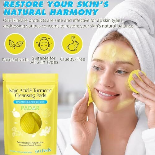 Turmeric & Kojic Acid Face Cleansing Foaming Pads For Dark Spots, Skin Brightening & Acne Prevention With Vitamin C, For All Skin Types (1 Pack (60 Pads))