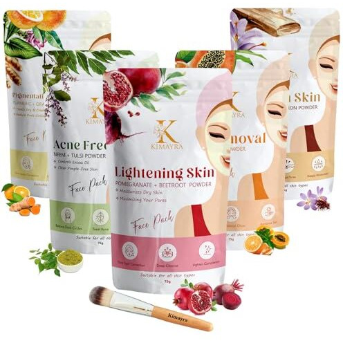 Kimayra Skin Care Combo Powder (Pomegranate + Beetroot, Neem + Tulsi, Orange + Papaya, Turmeric + Orange, Sandalwood + Saffron) - Face Pack Combo Powder For Natural Glowing Skin - 375Gm (75G X 5 Pack)