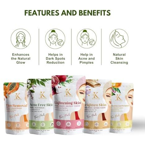 Kimayra Skin Care Combo Powder (Pomegranate + Beetroot, Neem + Tulsi, Orange + Papaya, Turmeric + Orange, Sandalwood + Saffron) - Face Pack Combo Powder For Natural Glowing Skin - 375Gm (75G X 5 Pack)