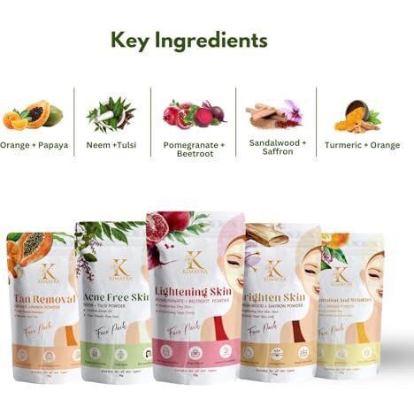 Kimayra Skin Care Combo Powder (Pomegranate + Beetroot, Neem + Tulsi, Orange + Papaya, Turmeric + Orange, Sandalwood + Saffron) - Face Pack Combo Powder For Natural Glowing Skin - 375Gm (75G X 5 Pack)