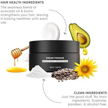 Dasher Cream Pomade For Men's Hair, Medium Hold & Medium Shine Puck, Flexible Hold & Water-Based, Texturizes Hair, With Avocado Oil & Biotin (100G)