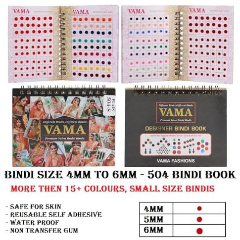 Vama Multicolour Plain Round Small Bindis Book Kumkum Reusable Self-Adhesive Sticker Pottu Booklet For Girls & Women (Mini Bindis Booklet - 504 Bindis)