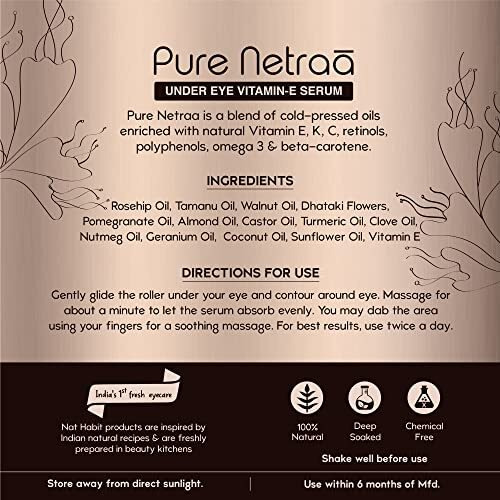 Nat Habit Pure Netraa Under Eye Serum For Fine Lines, Puffiness, Wrinkles & Dark Circles For Men & Women With Vitamin C, Vitamin E And Retinol (9.2 Ml)